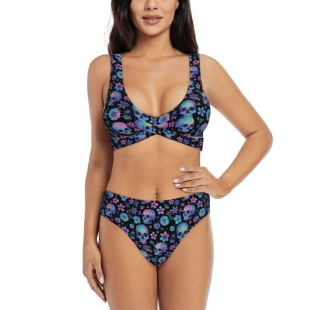 Zeuib Skull Flower Blue High Waisted Tummy Control Bikini Set - Knot Front Push Up Top & Cheeky Thong Bottom  Two-Piece Swimsuit for Women-Large