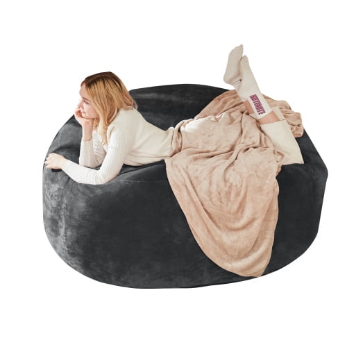 4FT Bean Bag Chair, Memory Foam Bean Bag, Round Lounger with Removable Flannel Cover for Adults, Teens, Living Room, Bedroom, Dorm, Dark Grey