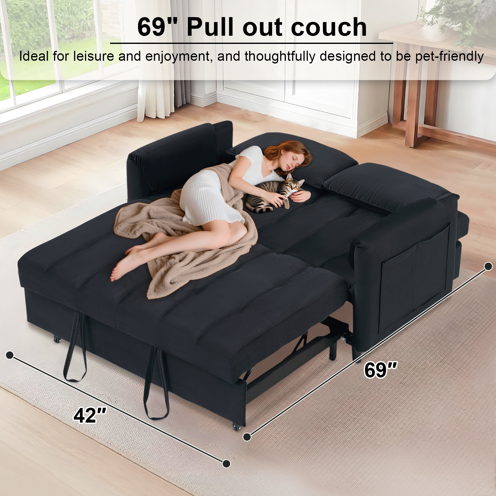 BedLuxury 53" Velvet Convertible Futon Sofa Bed, 3-in-1 Loveseat Sleeper Sofa with Pull Out Bed & Adjustable Backrest for Living Room or Office, Black