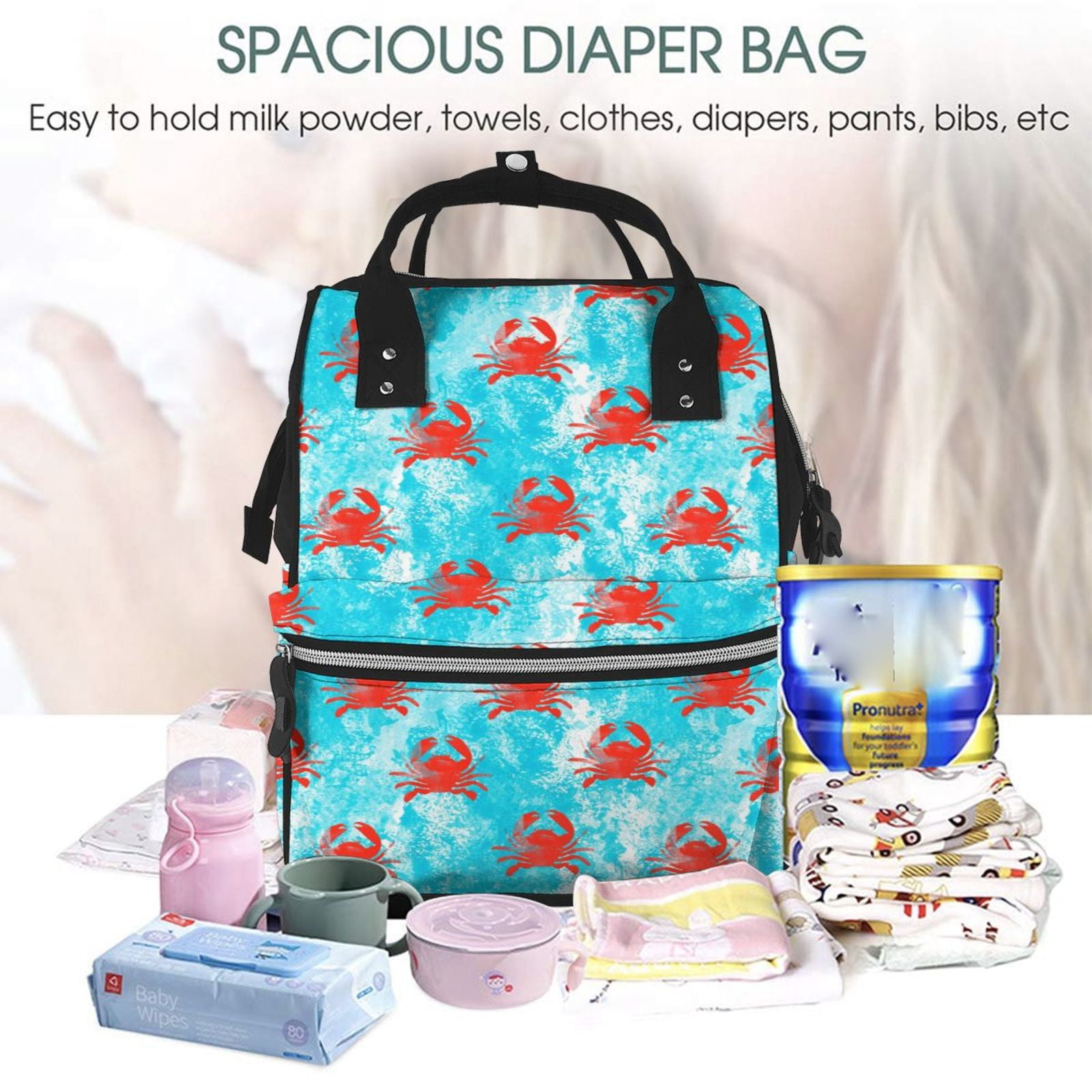 Ratiio Crab Swims In The Ocean Mummy Backpack - Waterproof Twill Canvas, Large Capacity Diaper Bag with Multiple Pockets and Adjustable Straps