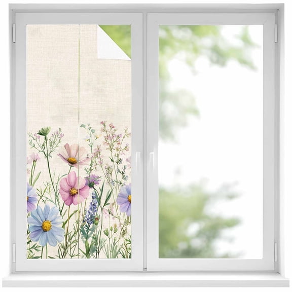 Retro Pink Window Privacy Film Blue Wildflowers Country Floral Herbs Linen Texture Decorative Glass Window Film UV Blocking Static Cling Non-Adhesive Sticker Covering for Home Door 19.6 x 39.3 inches