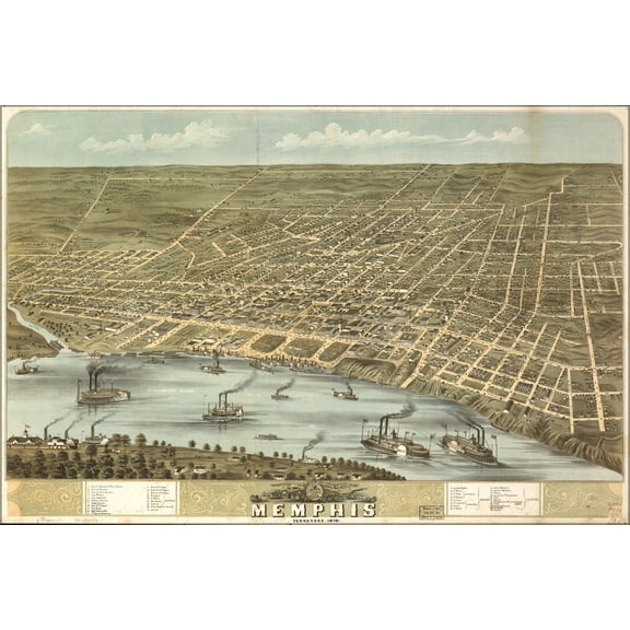 24"x36" Gallery Poster, Birdseye view map of Memphis, Tennessee 1870