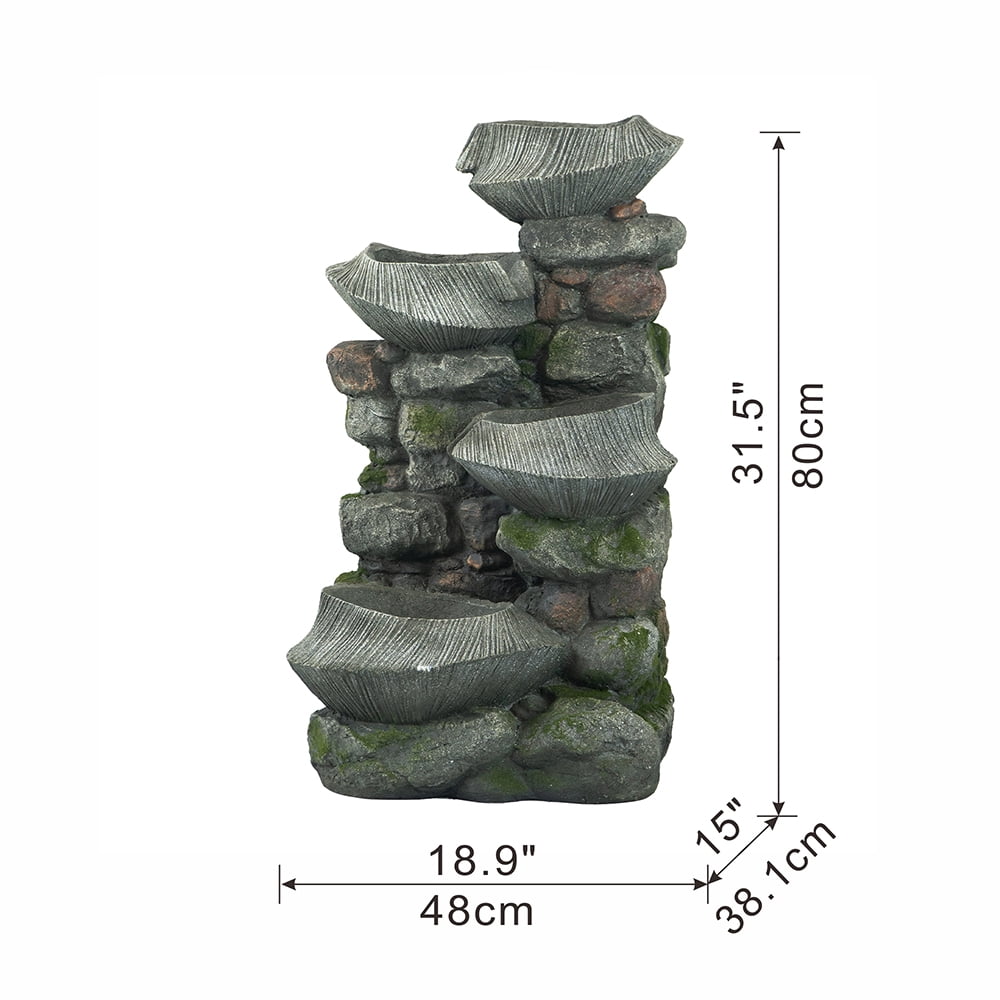 CoSoTower 19X15X31.5" Indoor Outdoor Stone Water Fountain, 4-Tier Polyresin Cascading Rock Bowl Freestanding Fountain with LED Light