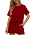 thumbnail image 2 of Htigea Women's 2 Piece Sets Casual Summer Short Sleeve Crew Neck T Shirt and Drawstring Shorts Matching Outfits Red M, 2 of 6