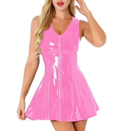 MQLKF Women s Imitation Leather Dress Zipper PU High Elastic V Neck Short Skirt Leather Skirt Sexy Underwear Intellectual Breathable Women Bodysuit