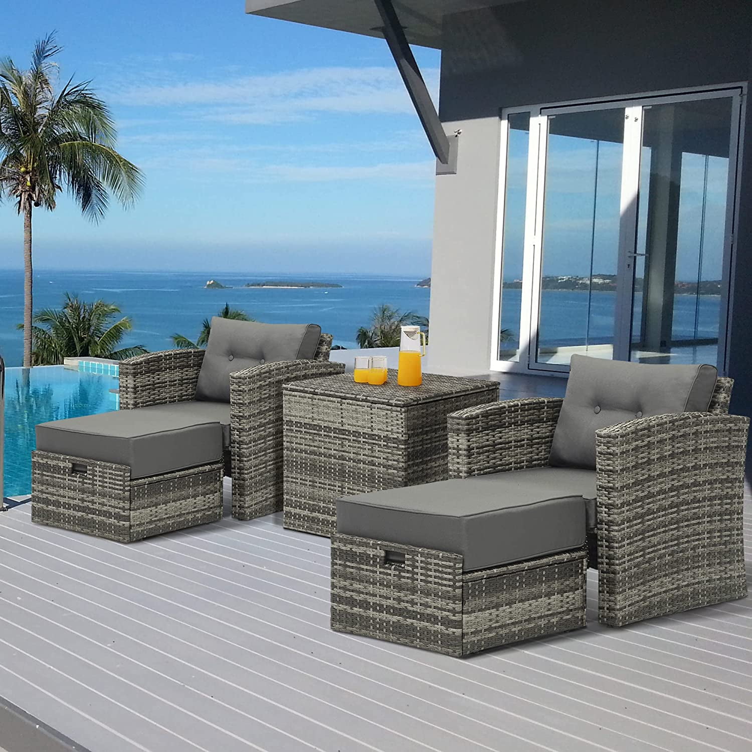 SUNVIVI OUTDOOR 5 Pieces Outdoor Patio Furniture Ottoman Set, All