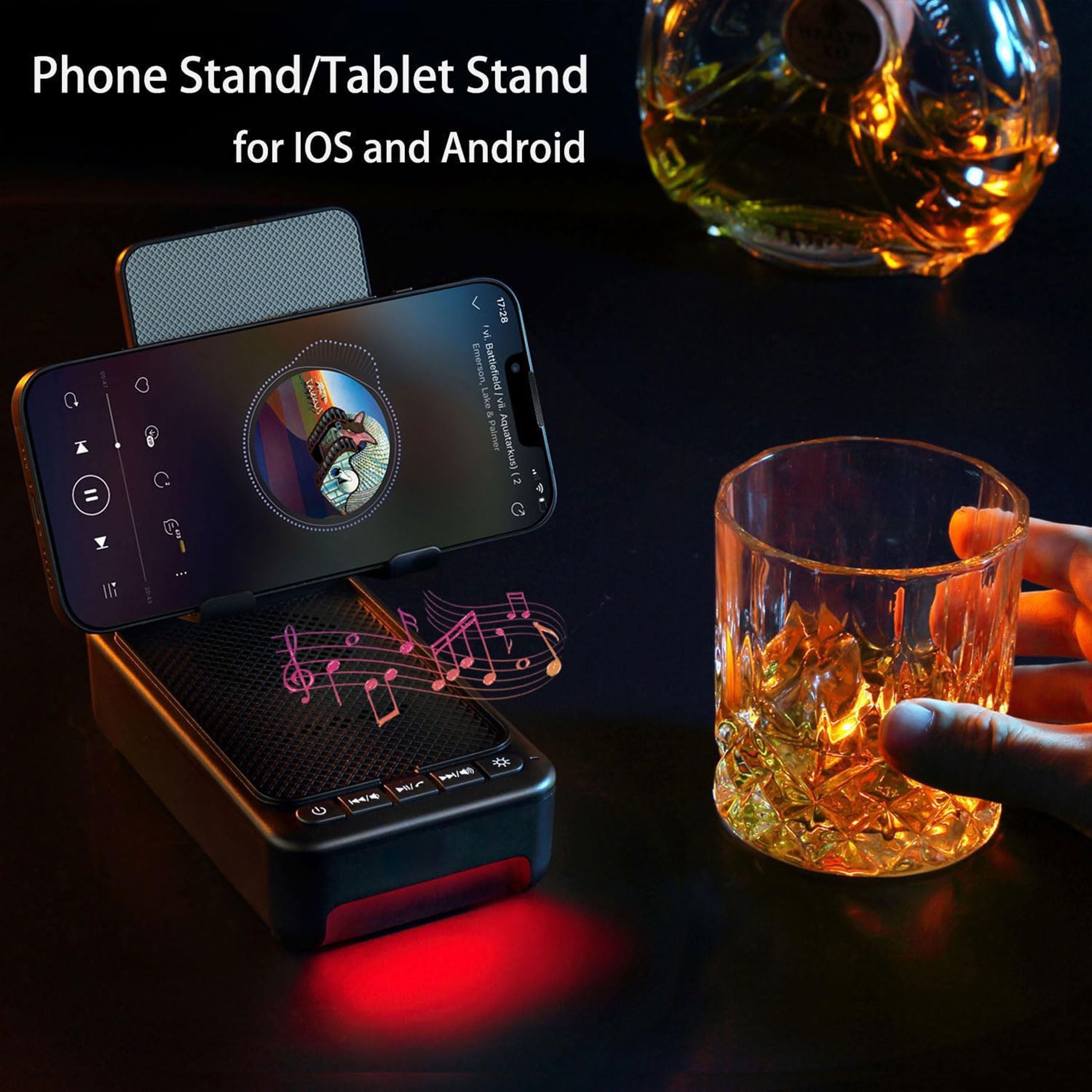 Portable Phone Stand with Speaker Bluetooth, Foldable Cellphone Stand with Led Color Changing Light, Angle Adjustable Cell Phone Holder with HD Stereo Sound Fits Phones,Tablet (Black)