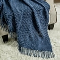 thumbnail image 2 of Wellco  Reversible Soft Knitted Throw Blanket With Boho Tassels - 50" x 60", Solid Color, Blue, 2 of 5