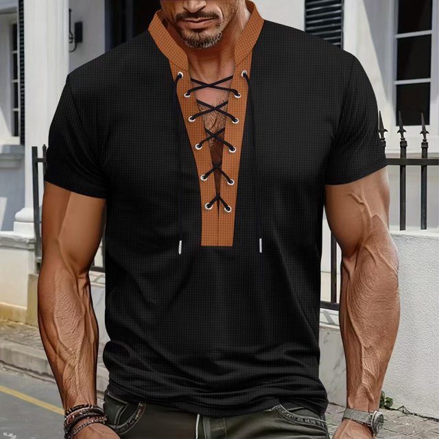 pstuiky camiseta de hombre, Camiseta de manga corta con cuello alto, cordón en el pecho y colores lisos para hombre camisetas de hombre l