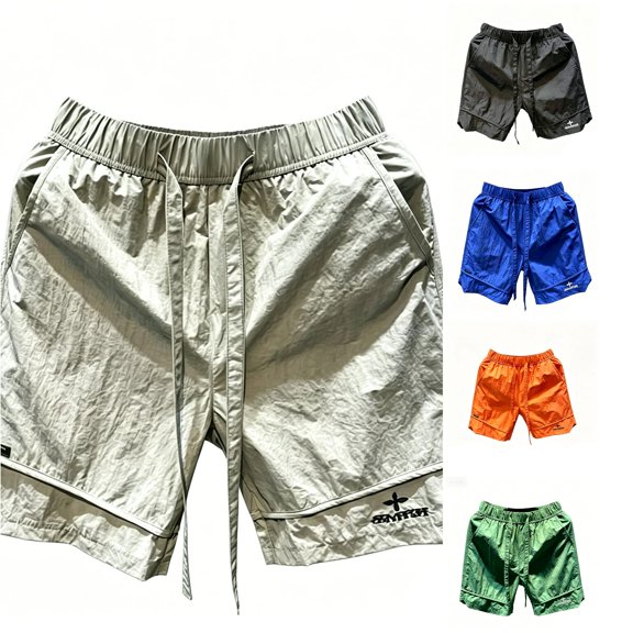 XFeng Men Nylon Athletic Shorts Elastic Waist Drawstring Printed Logo Quick Dry Knee‑Length Shorts