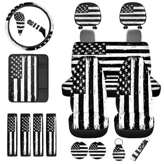 Uorisanigo Black White US Flag Car Seat Cover Full Set of 18 Pack with Steering Wheel Cover Seat Belt Pads Center Console Pad Headrest Covers Lever Stick Knob Covers Car Coasters Key Chains