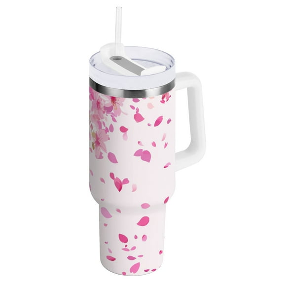 JSTEL Pink Cherry Blossom Petal 40 oz Tumbler Stainless Steel Water Bottle Vacuum Insulated Cup with Straw Lid & Handle For Travel Car Cup Holder