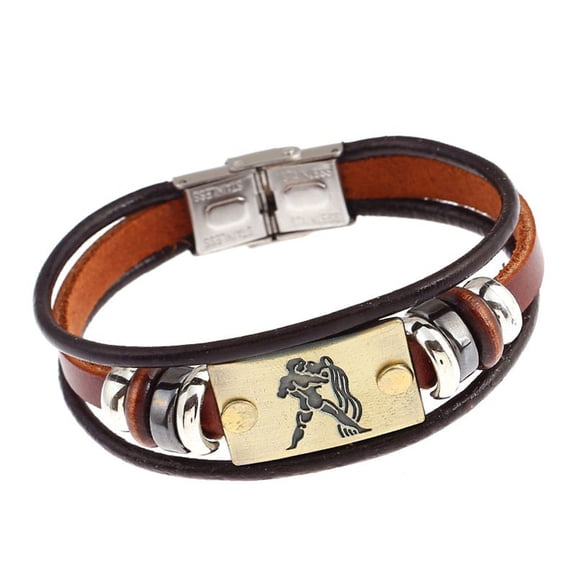 Uijokdef Zodiac Leather Bracelet, Brown Cowhide with Metal Beads, 8 Inches, Unisex