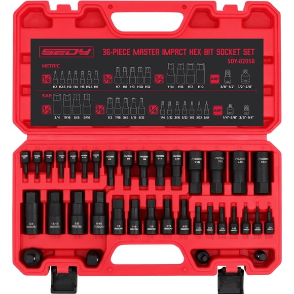 Hex Bit Impact Socket Set: 36-Piece with 4 Adapters, 1/4" 3/8" 1/2" Drive Master Allen Impact Socket Set, SAE and Metric, H5-H19 & 3/4"-5/64", Heavy