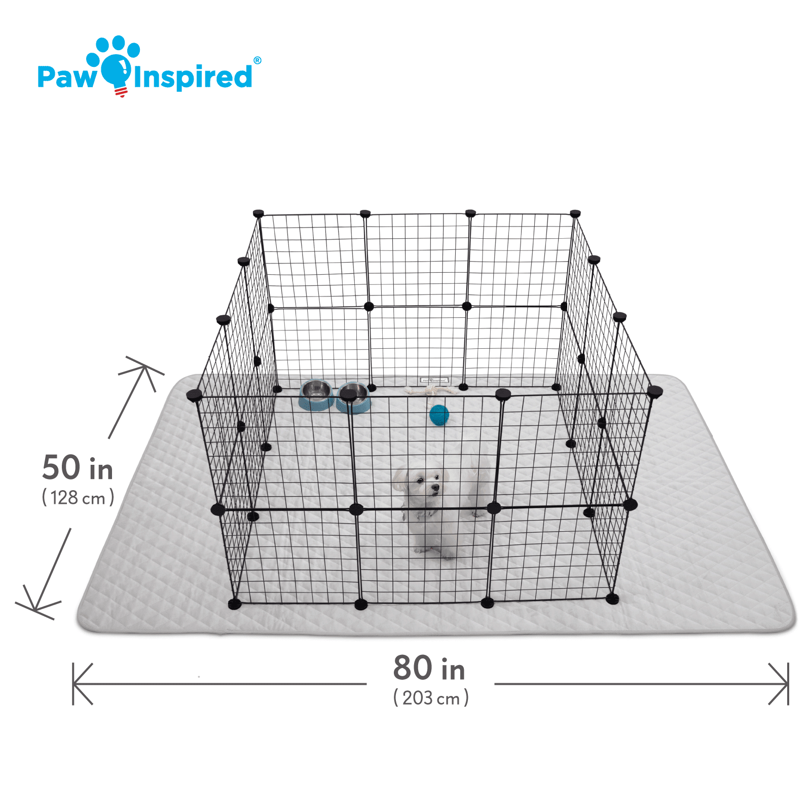 Paw Inspired 80x50” Waterproof Dog Playpen Mat, Pet Kennel Play Pen Pad for Puppy, Rabbit, Guinea Pig, Small Animals | Super Absorbent Fleece Cage Liner with Non-Slip Bottom (Light Gray)