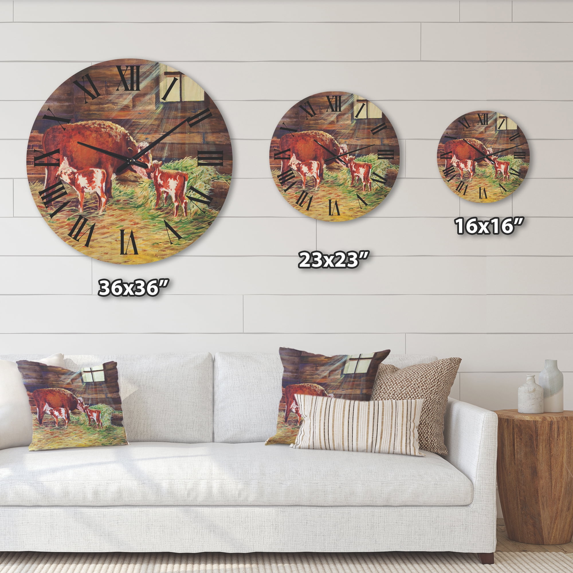 Designart 'Newborn Twin Calves With Cow At The Farm' Farmhouse Wood Wall Clock