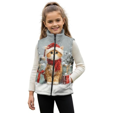 Xixirimido Cat Christmas Decor Pattern Girls Boys Fleece Vest Kids Zip-up Vest Sleeveless Stand Collar Jacket with Pockets Fall Winter Outerwear for 4T