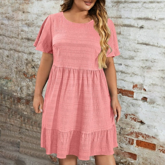 LIBRCLO Dresses for Women Plus Size Casual Solid Short Sleeved Crew Neck Sundress Comfort Loose Dresses