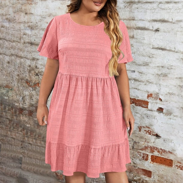 mfyjkho Vestidos de verano para mujer, Vestido informal de manga corta con cuello redondo y estampado liso de talla grande para mujer. Vestidos de fiesta para mujer xxl