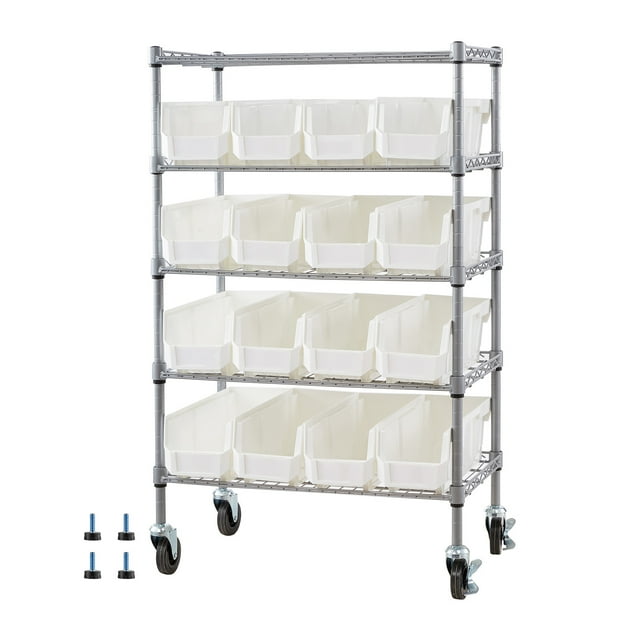 KFFKFF 5-Tier Rolling Bin Storage Rack, 16 Organizer Bins, Bin Rack Storage Steel Wire Shelving System with Wheels, Mobile Tool Organizer