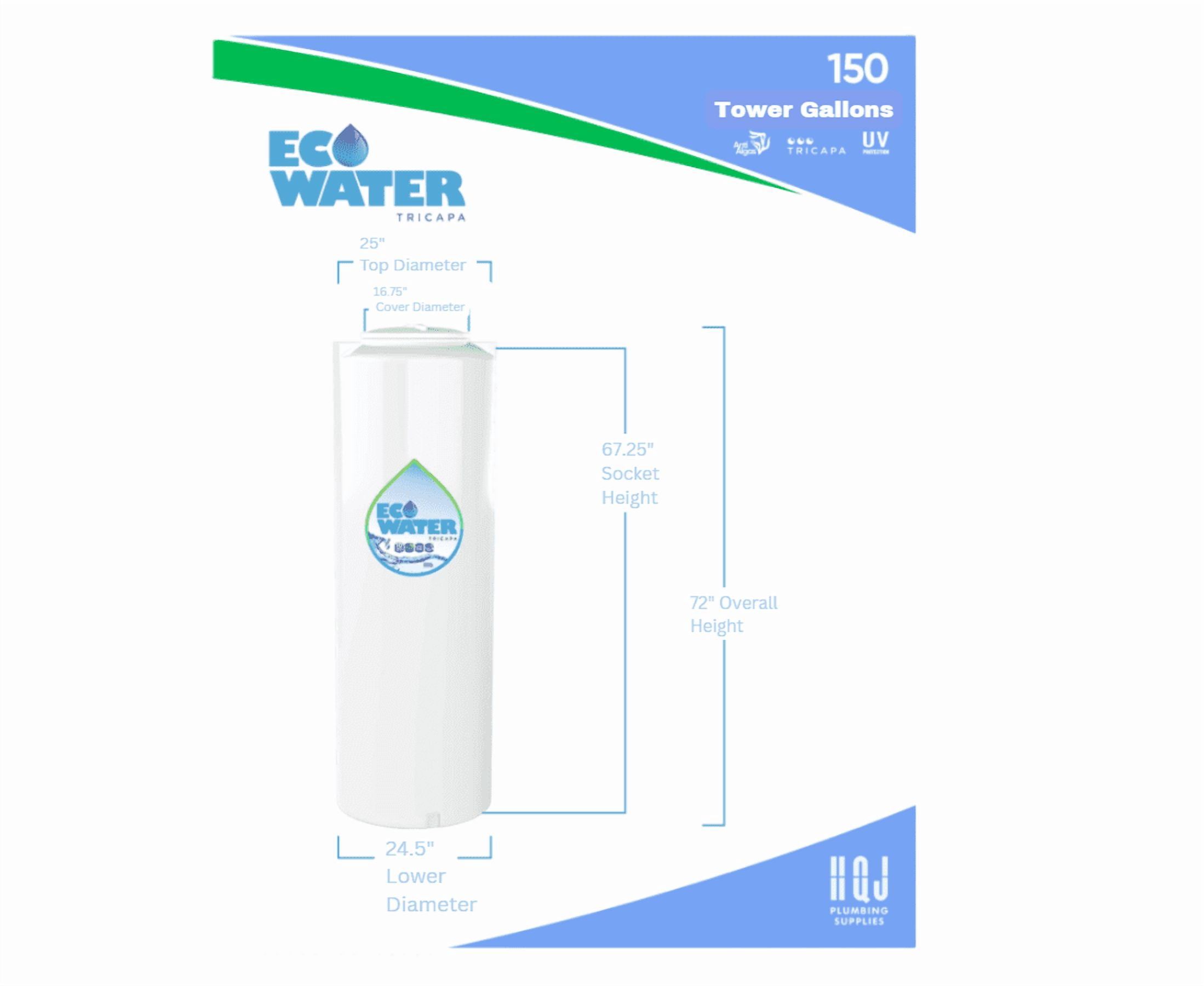 Eco Water 150 Gls. Tower, White Color Water Tank, Weight in 1245 Pounds.