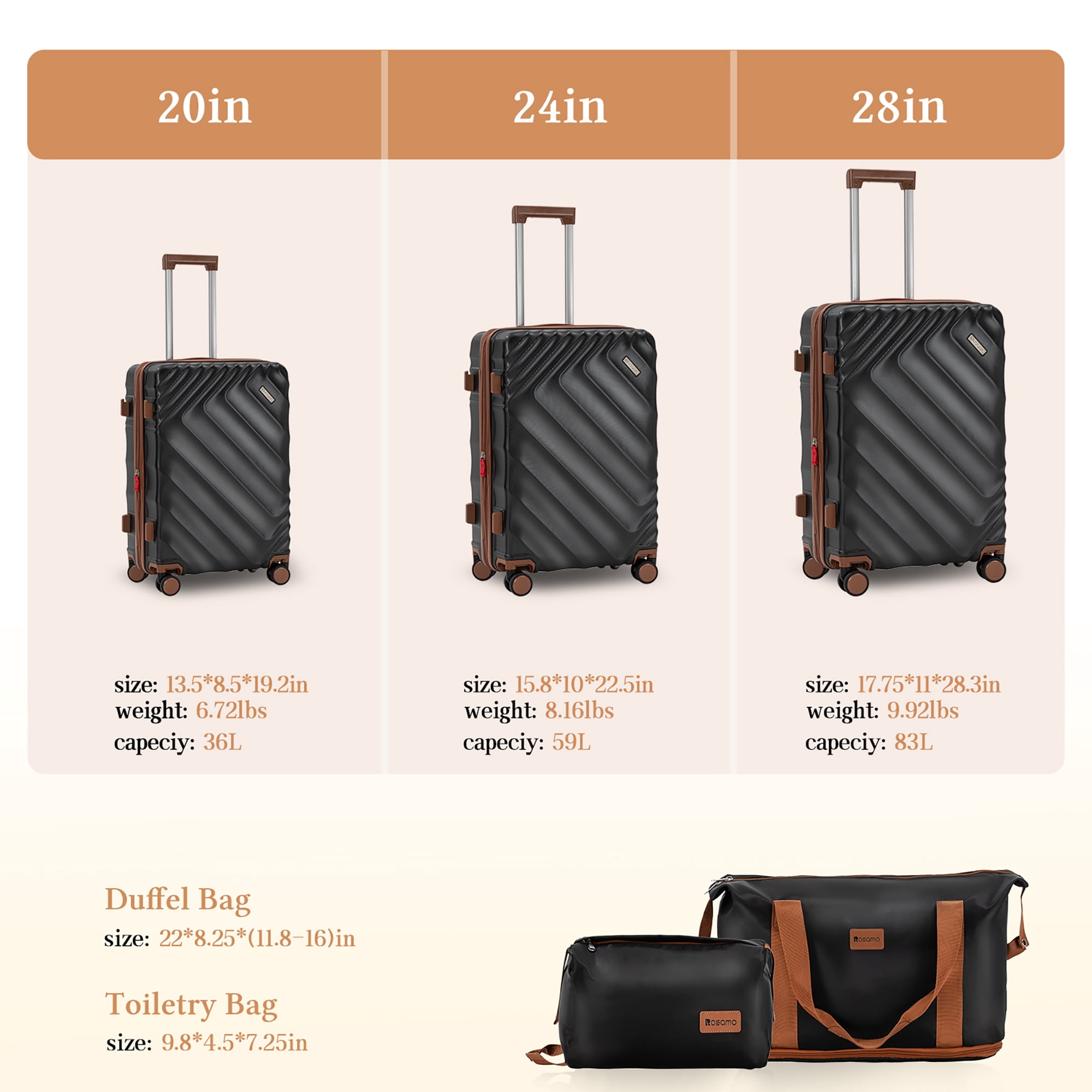 Rosamo 5 Piece 20/24/28 Inch Hardside Luggage Set, Expandable Suitcase with Spinner Wheels & TSA Lock, Carry on Luggage Set with Travel Bags