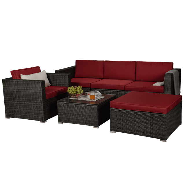 [Christmas Sale] Beefurni Outdoor Garden Patio Furniture 6-Piece Gray PE Rattan Wicker Sectional Red Cushioned Sofa Sets with 1 Beige Pillow