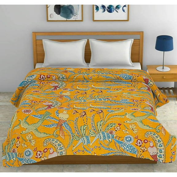 Indian Handmade Twin Size Peacock Print Yellow Cotton Kantha Bedspread Bedding Blanket Throw