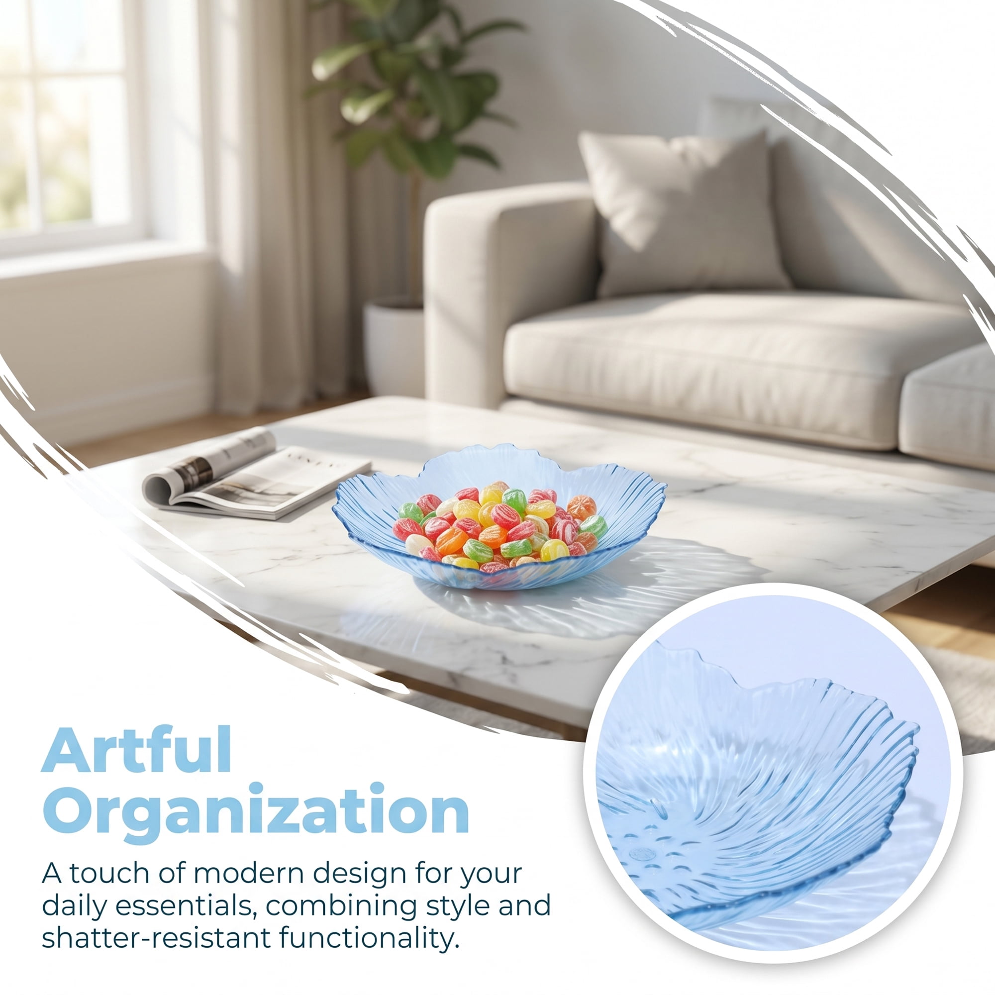 Unique Bargains Flower Petal Shaped Trinket Scalloped Tray Blue 6.3"L x 6.3"W x 1.6"H