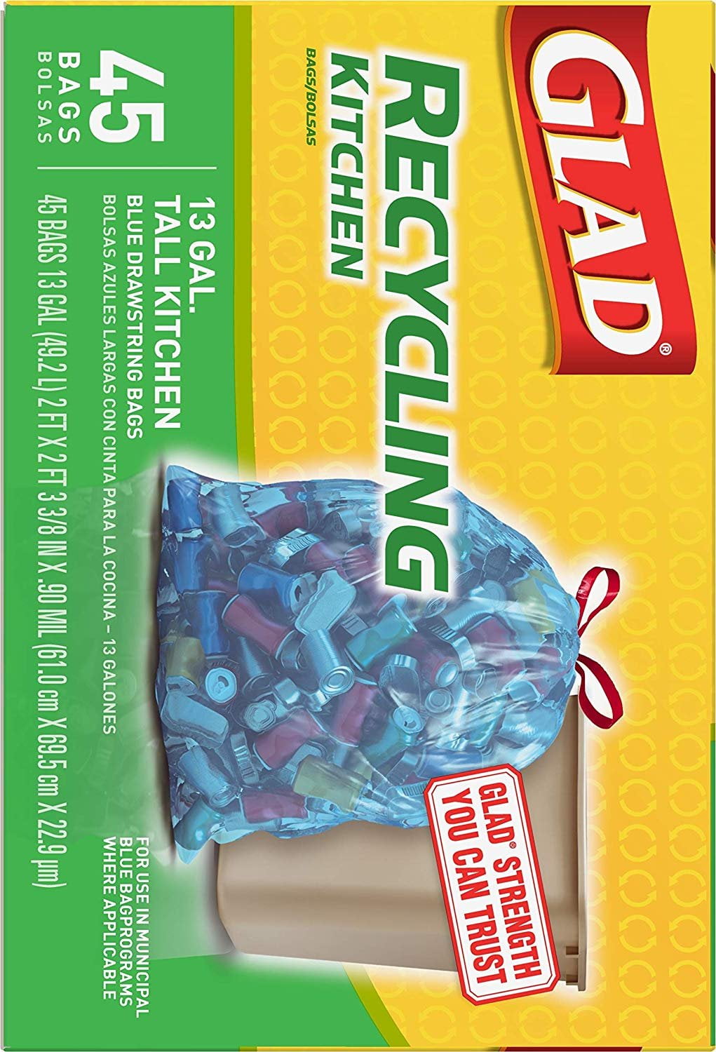 Glad Tall Kitchen Trash Bags, 13 Gallon, 45 Bags (Blue Recycling
