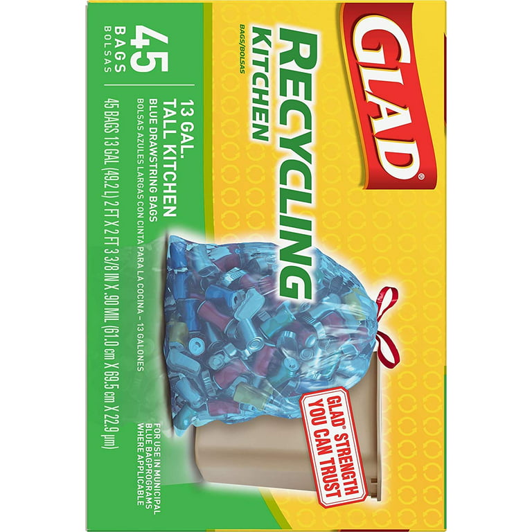 Glad Tall Kitchen Trash Bags, 13 Gallon, 45 Bags (Blue Recycling) 