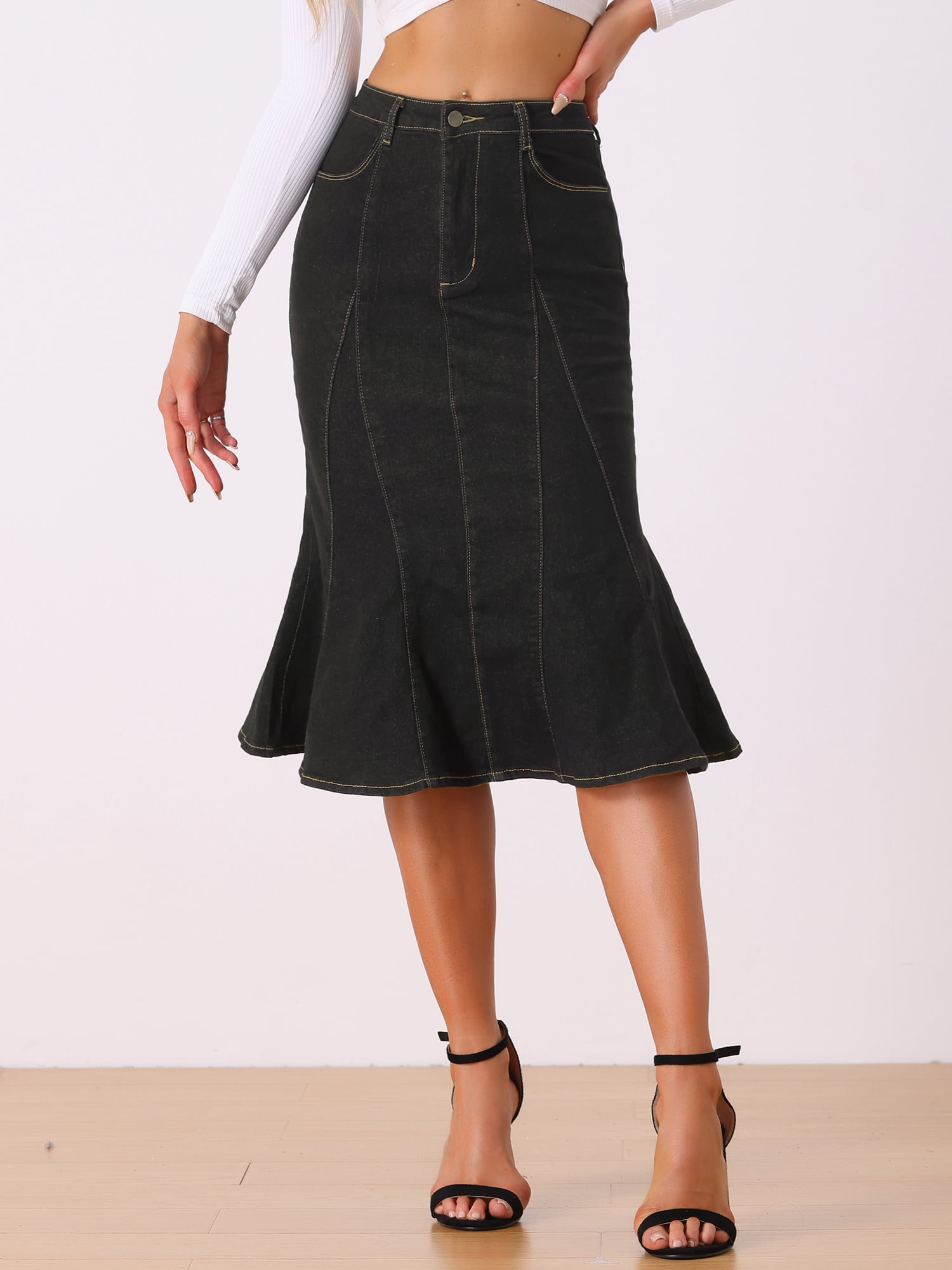 DARING DIVA Women's Denim High Waist Ruffle Fishtail Bodycon Midi Skirts S Black