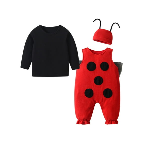 Gzhioc Infant Baby Boy Girl Halloween Animal Clothes Set 3 6 9 12 18 24 Months Bee/Ladybug Long Sleeve Tops   Print Overalls   Hat 3 Pcs Outfits