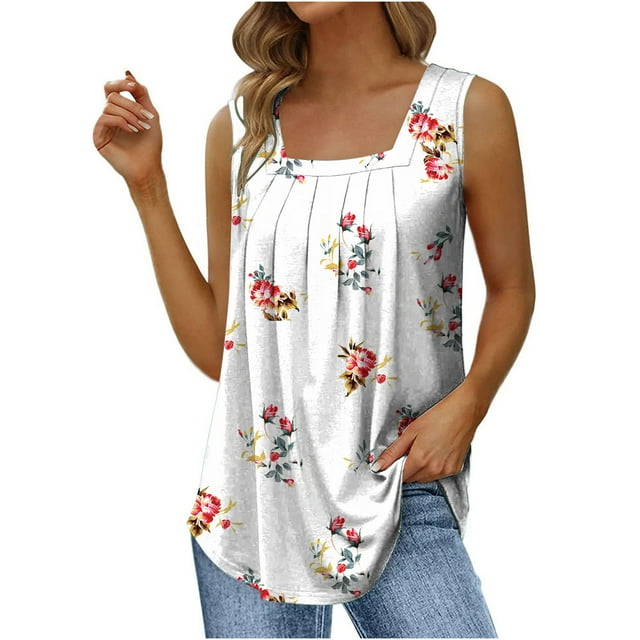 Hauts à Encolure Carrée pour Femmes Mode Féminine Imprimé Encolure Carrée T-Shirt Confortable Ample Sans Manches Blouse Décontractée Hauts t-Shirts pour Femmes Mode Blouses et Hauts pour Femmes Mode