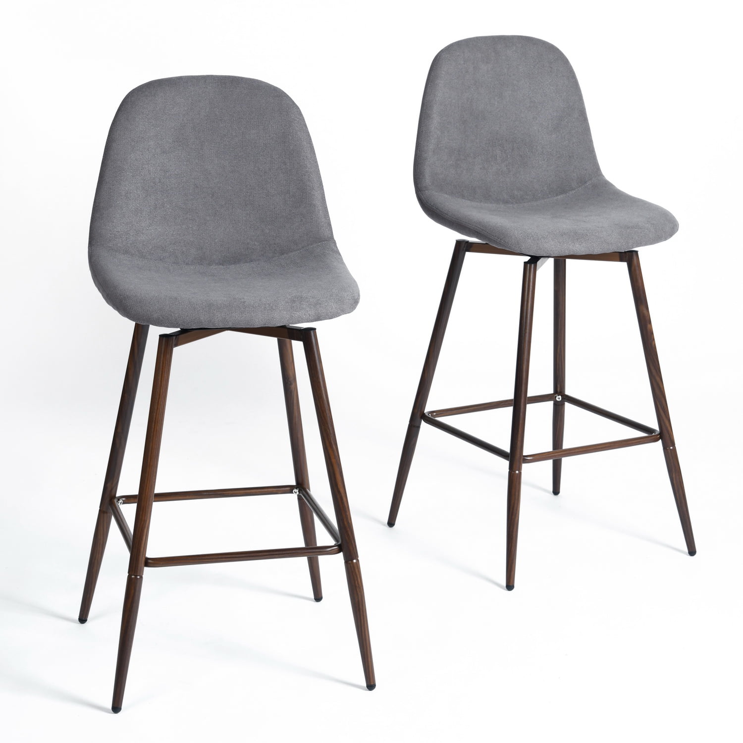 Homy Casa Set of 2 Contemporary Bar Stools, 26 in. Seat Height with Fabric Upholstery and Wooden Legs, Grey