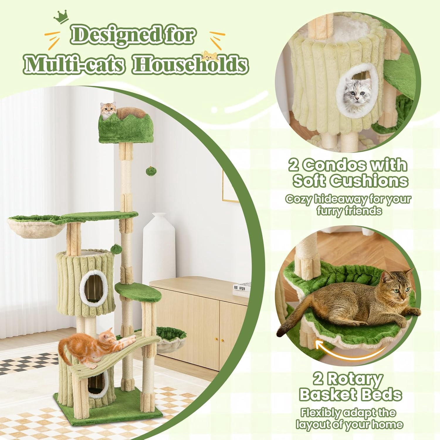 LEHOME 63 Inch Tall Cat Tree, Cute Green Cat Tower with 2 Condos, Plush Top Perch, 2 Basket Beds, Sisal Scratching Posts, 2 Dangling Balls, Slide Platform, Large Aesthetic Cat Tree for Indoor Cats