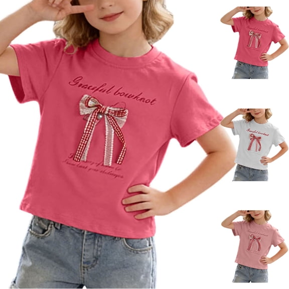 Babcutegg Girls Summer Short Sleeve T-Shirt with 3D Bow Accent – Cotton Blend Printed Top for Casual and Everyday Wear Pink Size 6