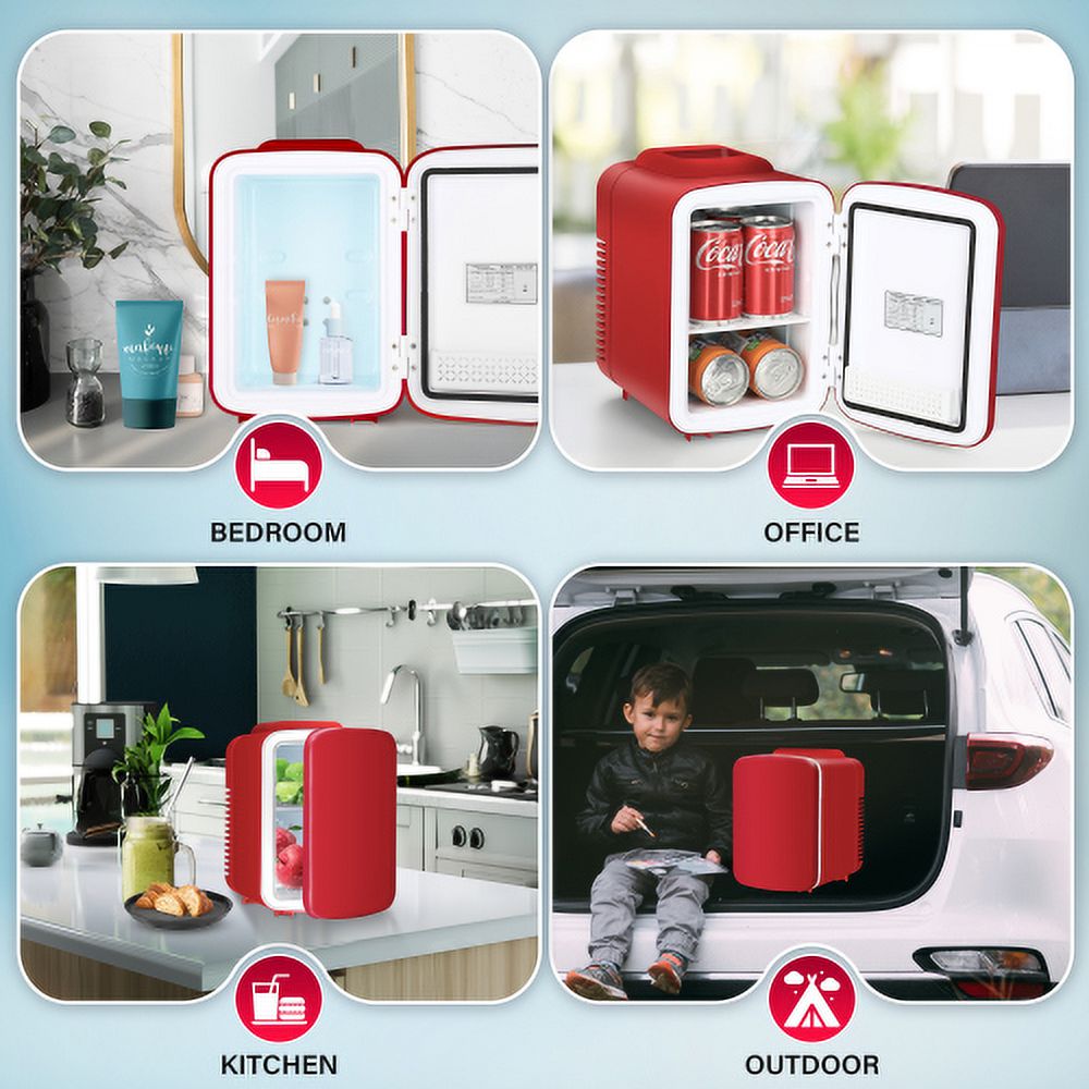 Mini Fridge Portable Cooler & Small Refrigerator Warmer Freon-Free for Skincare 4L/6 Can Beverage Food Cosmetics Home&Travel Red