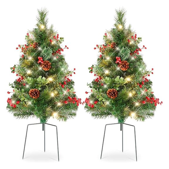 Yunken Set of 2 Outdoor Pathway Christmas Trees, 24.5-Inch Battery Operated Pre-Lit Holiday Decor with LED Lights, Red Berries, and Pine Cones