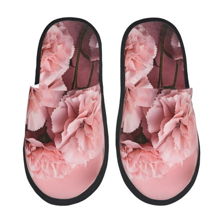 Balery Delicate Pink Carnations Slient Indoor Furry Fleece Comfort House Shoes Soft Non-Slip Home Shoes Cotton slippers House Slippers-- Large