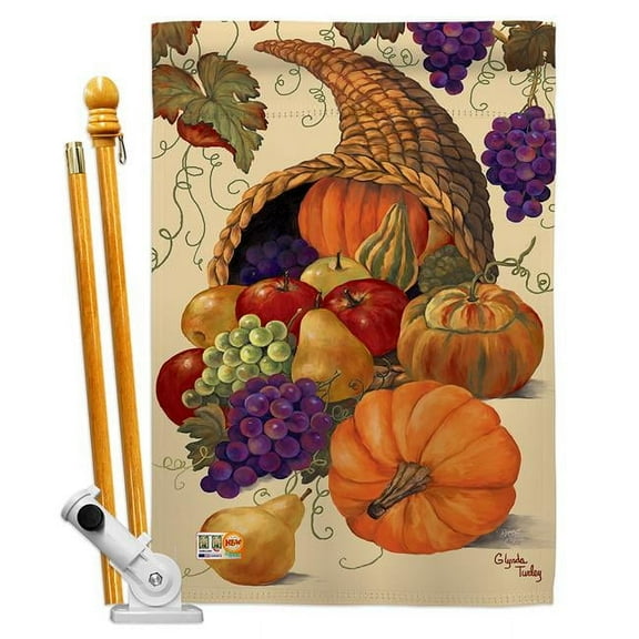 Breeze Decor BD-HA-HS-113041-IP-BO-D-US12-PL 28 x 40 in. Cornucopia Fall Harvest & Autumn Impressions Decorative Vertical Double Sided House Flag Set with Pole Bracket Hardware