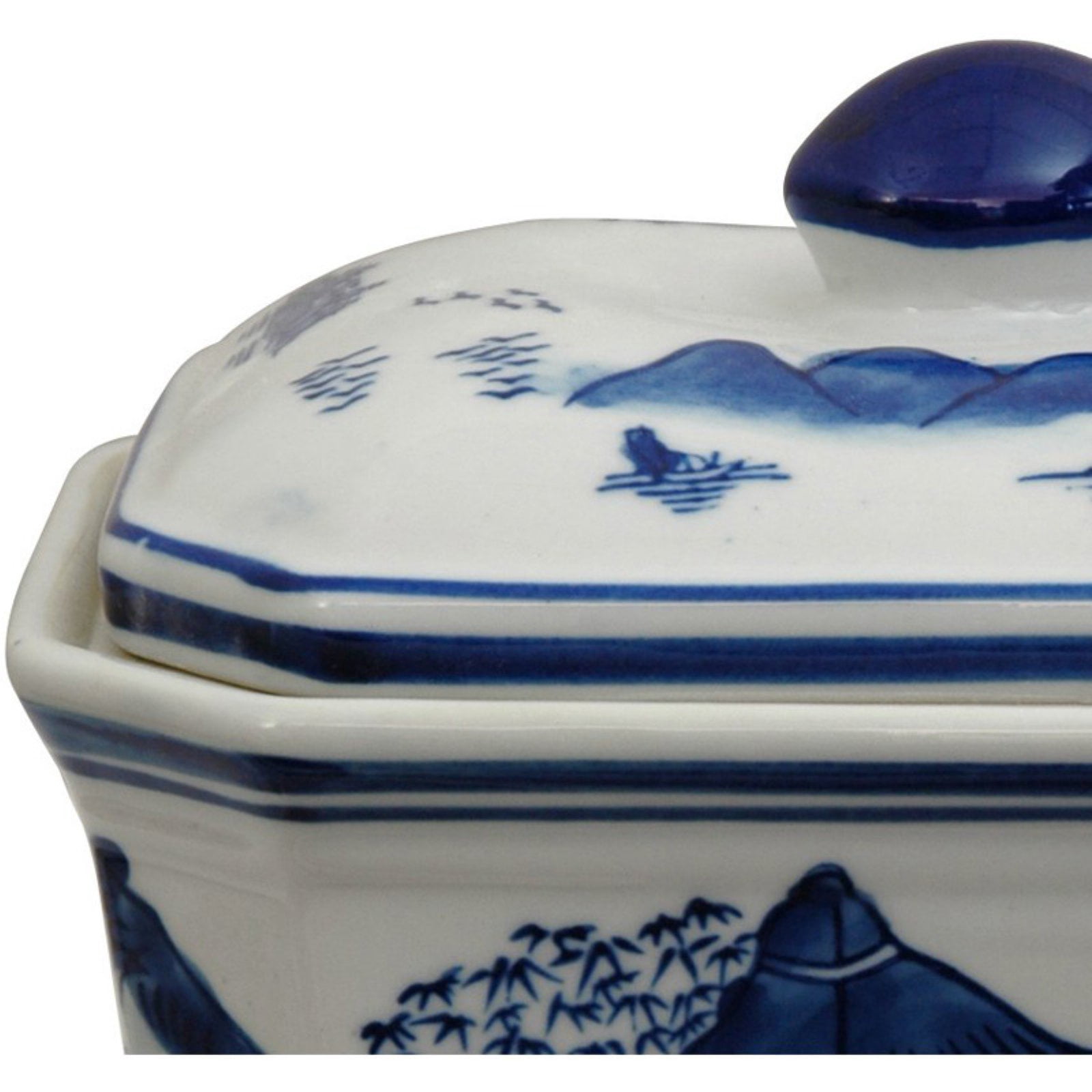 Oriental Furniture 8" Landscape Blue & White Porcelain Covered Jar, decorative item