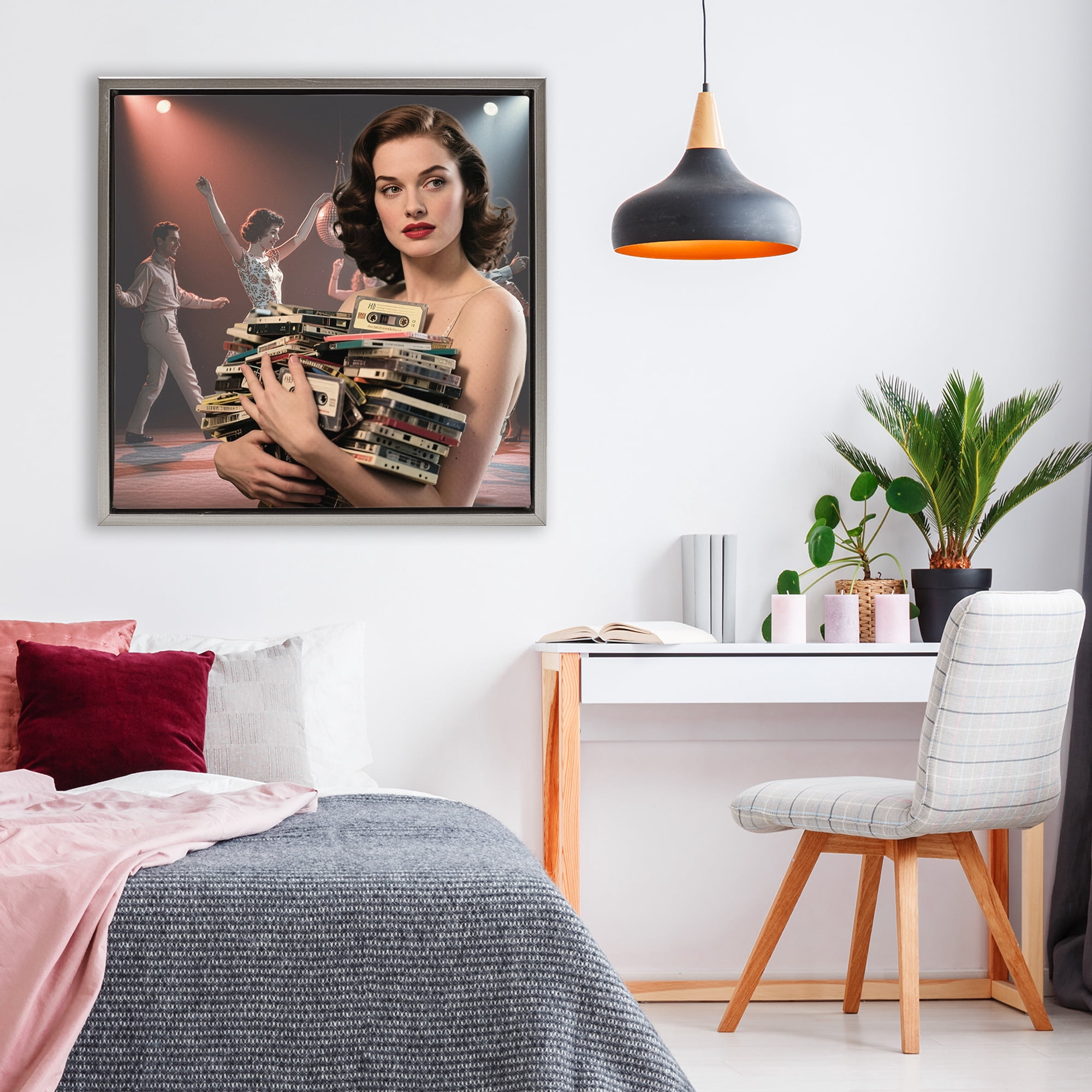 Stupell Industries Woman Holding Vintage Cassette Collection Gray Framed Floater Canvas Wall Art, design by CAD Designs