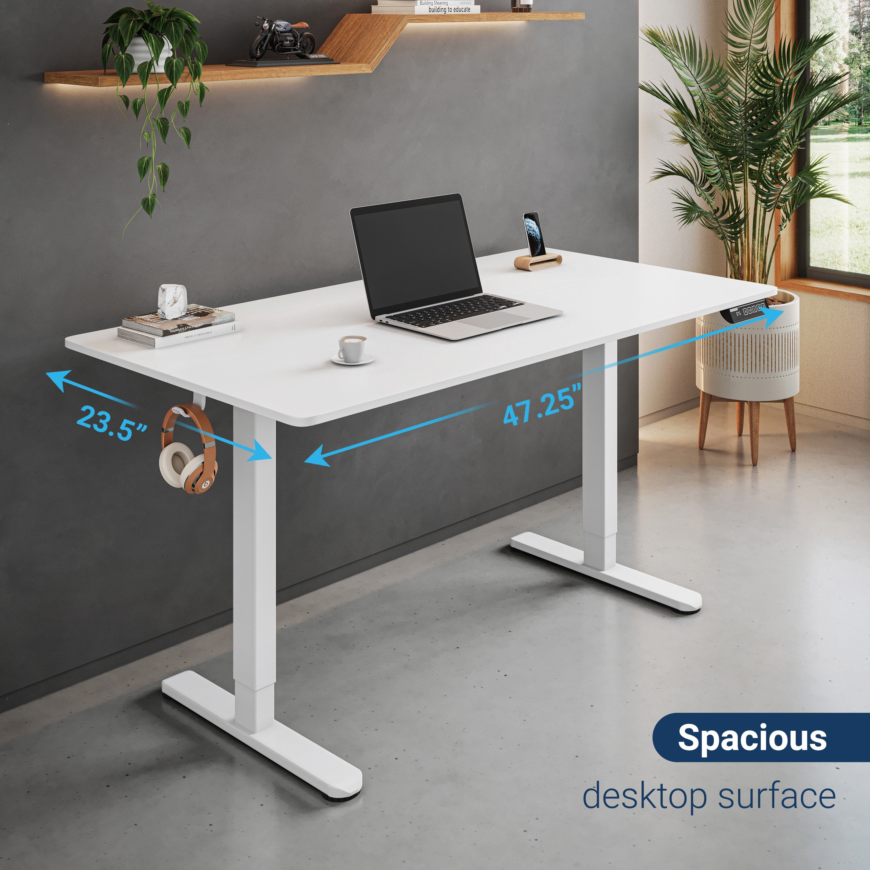 Sit-to-Stand Desk, Height Adjustable Standing Desk with 3 Memory Presets & Dual Headphone Hooks, Electric Lift Workstation for Home Office Gaming