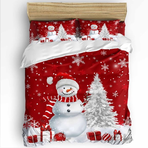 Christmas Snowman Queen Size Comforter Set, Red Snowman Xmas Tree Snowflakes Winter Soft Bedding for All Seasons, 4 Pcs Bed Set with 1Comforter (90"x92") ,1 Sheet(94"x116"), 2 Pillowcases (19"x29")