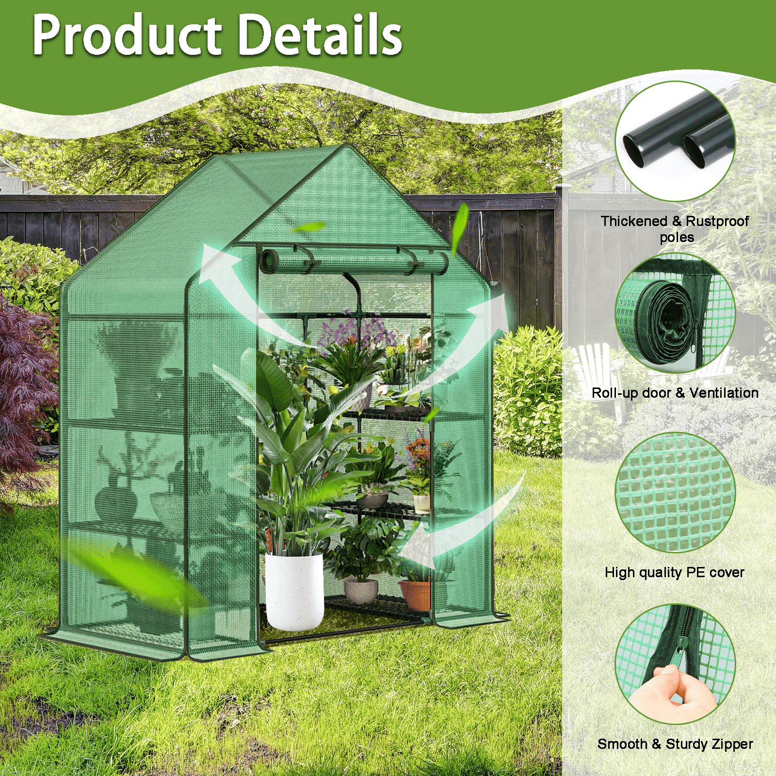 Grezone Small Greenhouse with Anchors and Ropes, 3 Tier 4 Wired Shelves Indoor and Outdoor Greenhouse for Garden/Patio/Backyard/Balcony, Green PE Cover Easy to Assemble