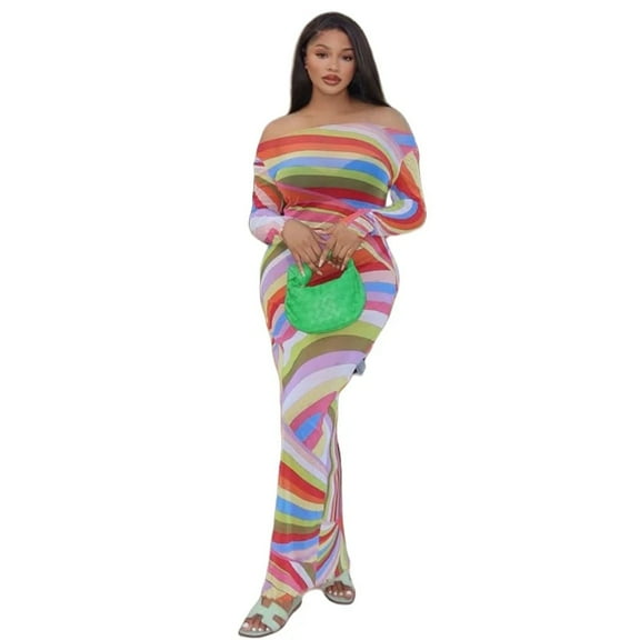 Women's Color Print Strapless Slash Neck Raglan Long Sleeve Hips Wrapped Long Dress