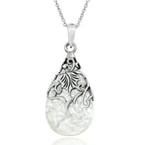Vintage Floral Vine Adorned Teardrop Mother of Pearl .925 Sterling Silver Pendant Necklace