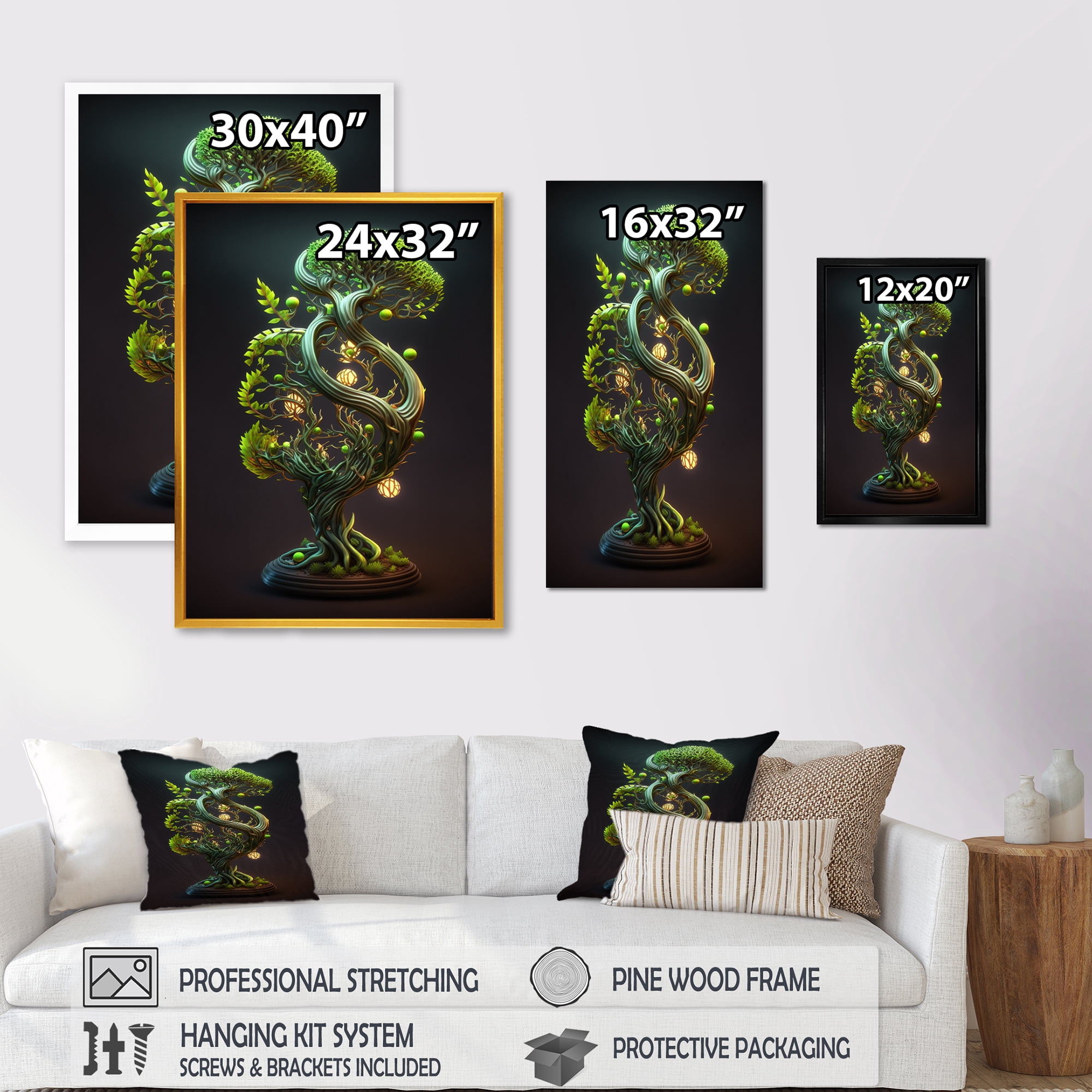 Designart Neon Bonsai Swirl Tree II Canvas Wall Art