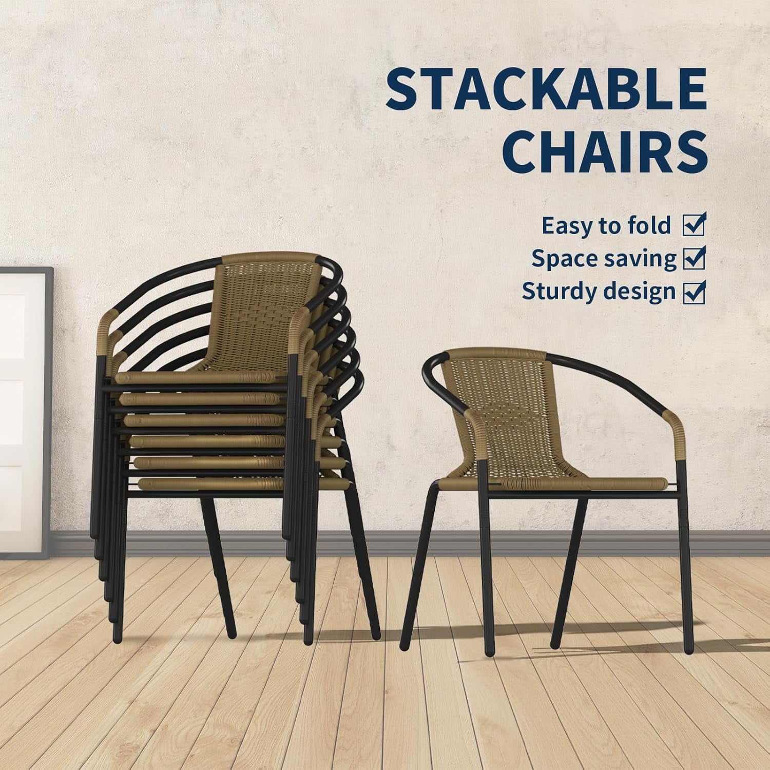ELPOSUN Outdoor Dining Chairs Set of 4, Wicker Patio Chairs with Metal Frame, Rattan Indoor-Outdoor Chairs for Bistro, Deck, Backyard, Porch, Restaurant Stack Chair 4 Pack （Brown）